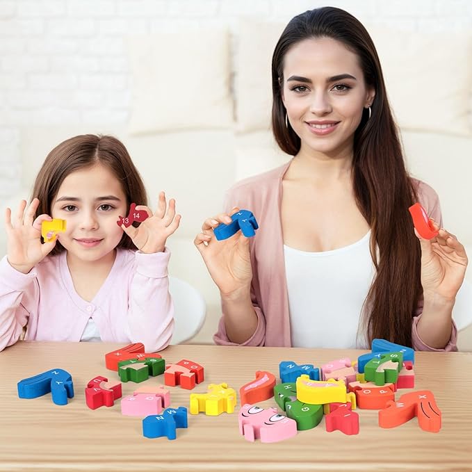 LovesTown Rabbit Wooden Puzzles, 26PCS Alphabet and Number Building Blocks Wood Jigsaw Puzzle for Kids Preschool