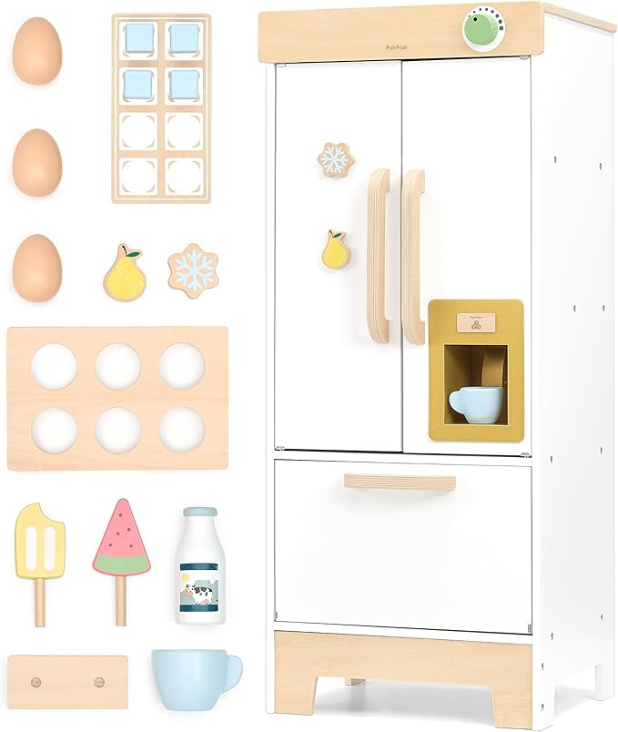 PairPear Kids Play Kitchen Toy Refrigerator, Wooden Toy Fridge Freezer Set for Kids, Toddler Kitchen Playset with Pretend Play Kitchen Acessories, Play Food Gift for Boys & Girls Age 3+