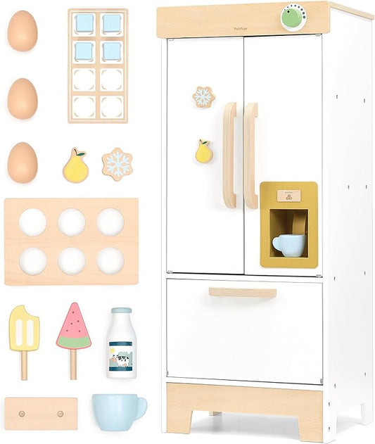 PairPear Kids Play Kitchen Toy Refrigerator, Wooden Toy Fridge Freezer Set for Kids, Toddler Kitchen Playset with Pretend Play Kitchen Acessories, Play Food Gift for Boys & Girls Age 3+