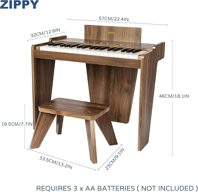 ZIPPY Kids Piano Keyboard, 37 Keys Digital Piano for Kids, Touch Sensitive Control Panel, Built-in Songs, Volume Adjustable, Music Educational Instrument, Wood Piano for 3+ Girls and Boys, Walnut Plus