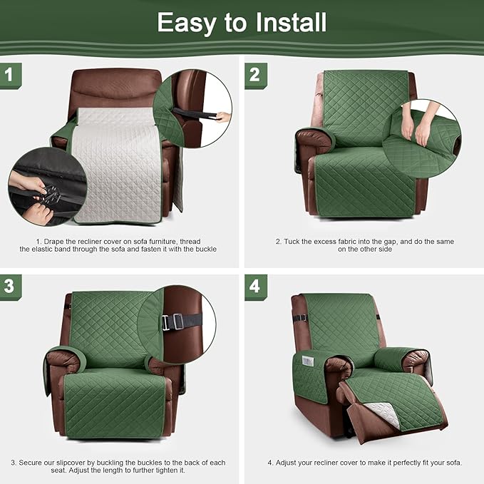 KinCam 100% Waterproof Recliner Chair Cover, Reclining Couch Covers for Pets, Dogs, Recliner Couch Slipcover Furniture Protector with Elastic Straps for Kids(23.6", Vine Green)