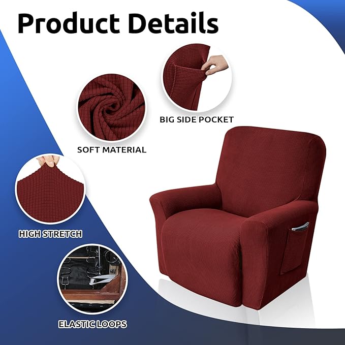 KEKUOU Recliner Chair Covers Lazy Boy Recliner Covers Stretch Couch Cover Slipcovers 1 Piece Furniture Protector with Elastic Bottom (Recliner, Dark Red)