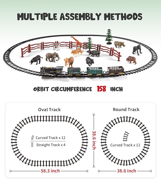 Safari Animals Figures Toy Train Set, Electric Locomotive with Light & Sound, Wildlife African Jungle Zoo Miniature Toys Cake Toppers Bulk Toddler Stocking Stuffers Gift for 3 4 5 Year Old Boys