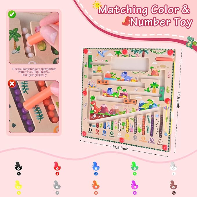 Magnetic Color and Number Maze, Montessori Toys for 3+ Year Old, Wooden Puzzle Board, Educational Matching Toy for Boys and Girls