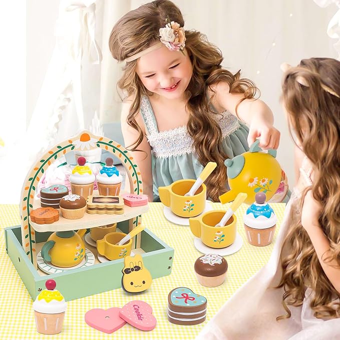 Wooden Tea Party Set for Little Girls Toddler Tea Set Toys with Cupcake Stand & Play Food Kitchen Accessories, Wooden Pretend Play Toys for Toddlers Christmas Birthday Gift for 3 4 5 6 Years Old Girl