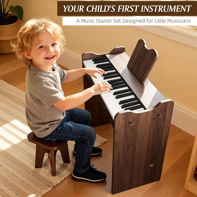 Kids Piano Keyboard, 37 Keys Digital Wood Piano with Stool Musc Stand Toddler Music Educational Instrument Toy, Xmas Birthday Gifts for 3+ Girls Boys