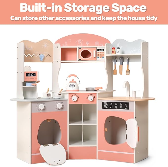 CUTE STONE Wooden Play Kitchen for Kids, Toddler Kitchen Playset with Coffee Machine, Cookware Accessories, Play Sink, Toy Kitchen Set for Boys Girls