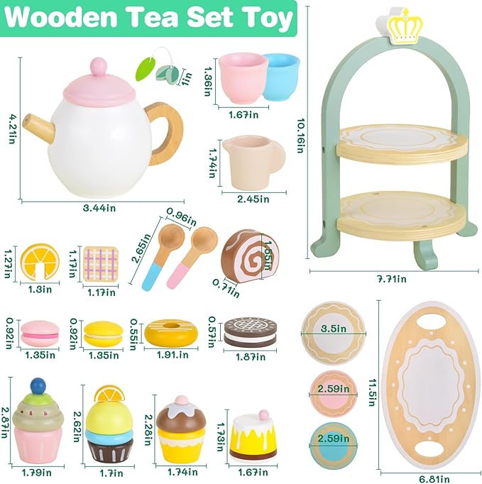 Wooden Tea Party Set, Toddler Tea Set for Little Girls 3-5 with Picnic Mat & Cupcake Stand & Play Kitchen Accessories, Wooden Toys for Toddlers 2 3 4 5 6 Years Old for Garden Picnics and Parties