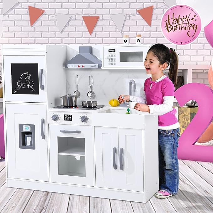 White Wooden Play Kitchen Set, Kitchen Playset with Cookware Accessories, Microwave, Oven, Sink, Real Lights & Sounds - Perfect for Chef Pretend Play