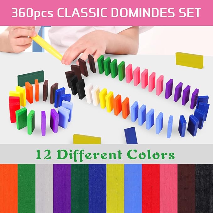 360 Piece Wooden Dominos Blocks Set,Dominoes Set for Kids,Domino Racing Toy Game,Colorful Dominos Tiles Domino Blocks Bulk,Dominoes Racing Tile Games,Kids Game Educational Play Toy for Birthday Party