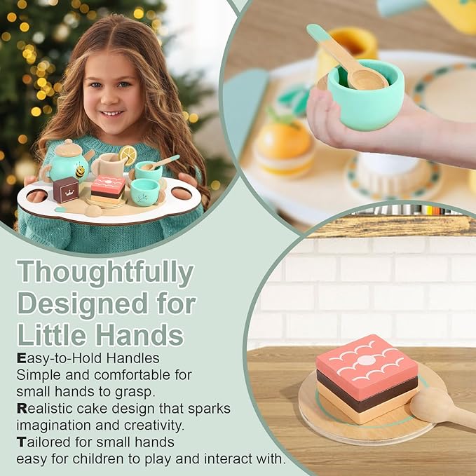 Wooden Tea Set for Toddlers Pretend Play Kitchen Accessories Little Girl Toys Tea Party Set with Wooden Toys for Afternoon Tea Pretend Play for Toddlers 3-5