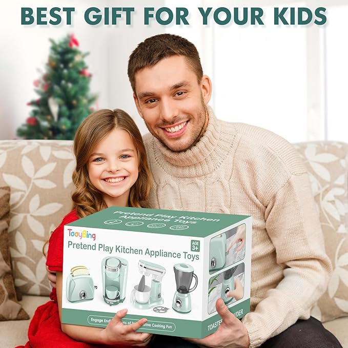 Pretend Play Kitchen Appliances Toy Set with Coffee Maker Machine, Mixer, Toaster, Blender, Kids Kitchen Playset, Play Kitchen Accessories with Sound & Light, Birthday Gifts for Kid Girls Ages 3-5 4-8