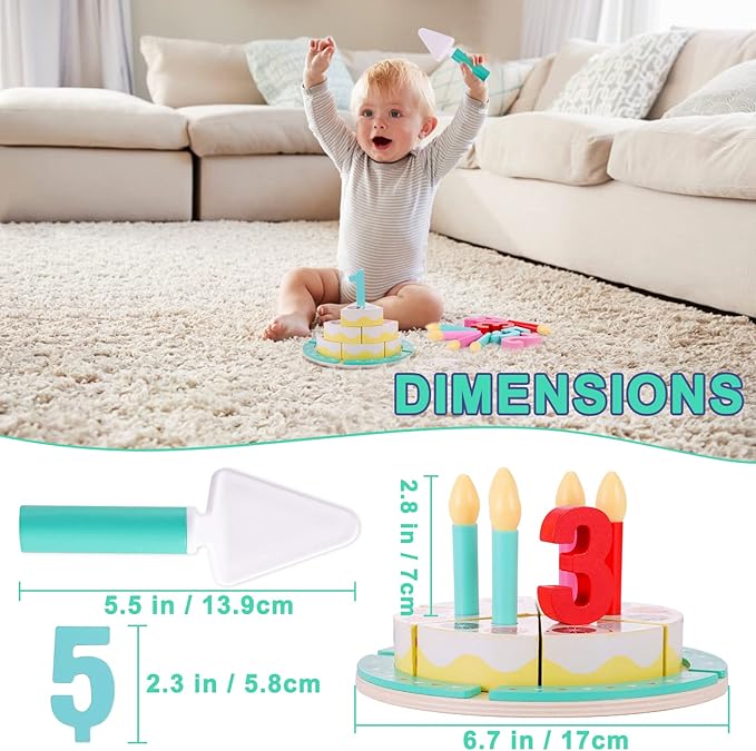 Birthday Cake Cutting Toys, Wooden Play Food Set for Kids Toddlers, Pretend Play Kitchen Toys for Boys Girls