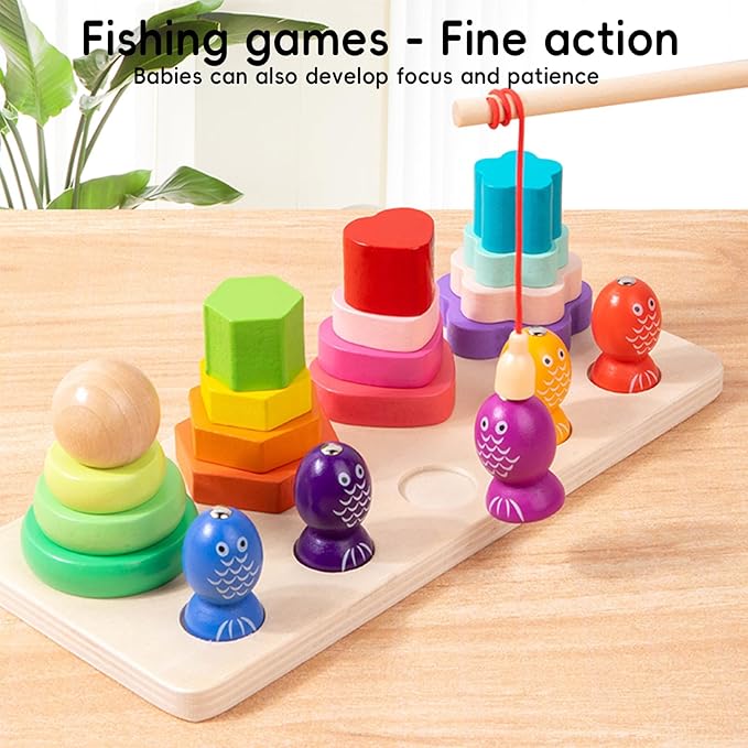Wooden Magnetic Fishing and Shape Block Stacking Toys 2-in-1, Montessori Early Childhood Games for Toddlers, Gifts for 3-Year-Old Boys and Girls