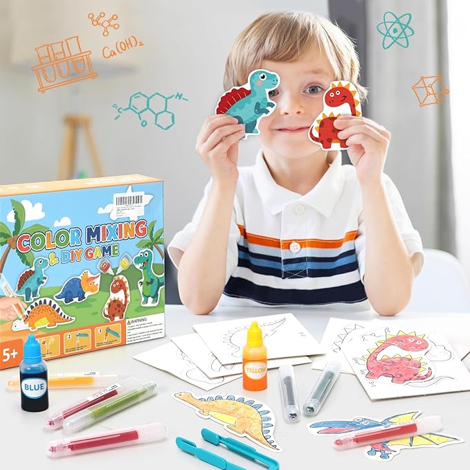 Educational Science Kits STEM Toys for Kids Age 5-7 Color Science Activity DIY Puzzle Dinosaur Painting Crafts for Boys Girls Ages 5,6,7,8,9,10 Years Color Mixing Game Christmas Bday Gift (Dinosaur)