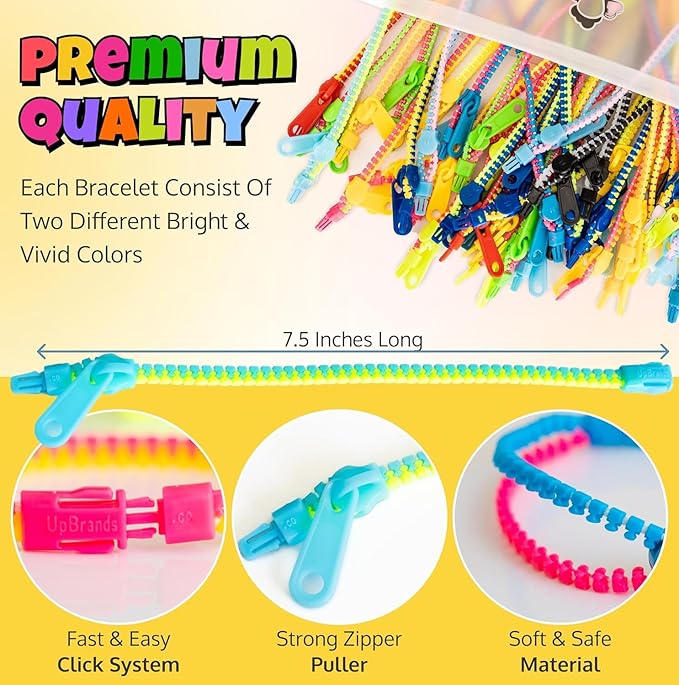 UpBrands 24 Fidget Toys Zipper Bracelets 7.5 Inches, Easter Basket Stuffers, Sensory Toys Bulk Set, Neon Colors, Kit for Birthday, Party Favors for Kids, Easter Egg Fillers