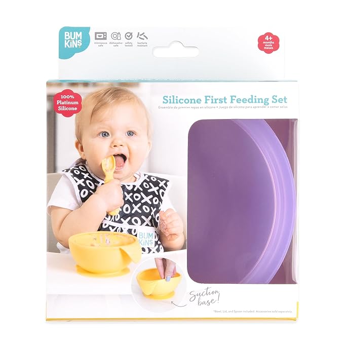 Bumkins Baby Bowl, Silicone Feeding Set with Suction for Baby and Toddler, Includes Spoon and Lid, First Feeding Set, Training Essentials for Baby Led Weaning for Babies 4 Months Up, Purple Jelly