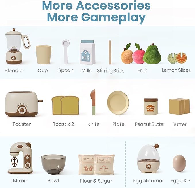 ROBOTIME Kids Toy Kitchen Set - Wooden Play Kitchen Appliances with Toaster, Mixer, Blender with Realistic Sounds, Play Kitchen Accessories Toy Food Set for Kids - Kitchen Playset for Toddlers(4-Set)