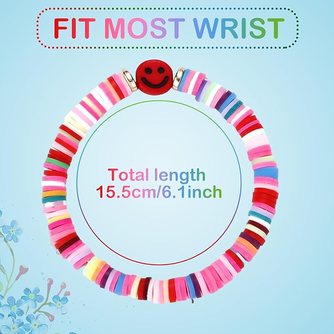 Sureio 24 Pcs Colorful Happy Smile Face Friendship Bracelets Preppy Bracelets Heishi Surfer Stretch Bracelets Beaded Bracelet for Women Party Favors