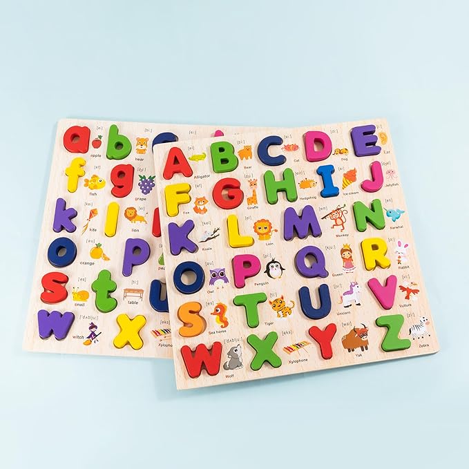 Wooden Alphabet Puzzle for Toddlers, 3 in 1 Lower Case Alphabet Letter Puzzles ABC Uppercase & Lowercase & Number Puzzle Set for Preschoolers Kids Ages 3-5 Alphabet Learning Educational Toy