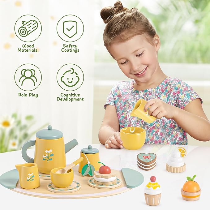 Toyssa Wooden Tea Party Set for Little Girls Toys Toddler Pretend Food with Tea Tray & Play Kitchen Accessories, Wooden Toys for Toddlers 3 4 5 6 Years Old, Birthday Kids Girls Gifts 3-6
