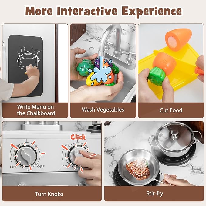 Costzon Kids Kitchen Playset, Wooden Pretend Cooking Kitchen Toy with Realistic Sounds & Light, Range Hood, Microwave, Ice Maker, Sink & Faucet, Toddler Play Kitchen, Gift for Boys & Girls 3+