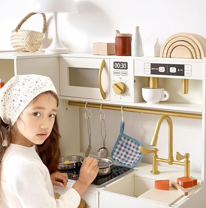 Play Kitchen for Kids Chef Pretend Wooden Kitchen Playset with Real Lights & Sounds and 14 Pcs Toddler Kitchen Accessories, Toy Kitchen Set for Boys and Girls Ages 3+