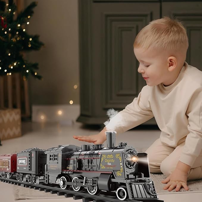 Electric Train Sets for Kids Metal Alloy Christmas Train Toys Steam Locomotive, Glowing Passenger Carriages, Luxury Tracks, Light & Sounds Rechargeable Birthday Gifts for Boys Girls Red โฆ