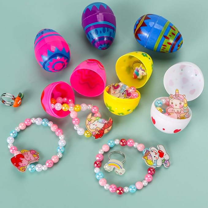 Atonofun 24 Pack Prefilled Easter Eggs with Pretend Girls Jewelry Surprise Toys, Easter Egg Filled with Bracelets Rings for Easter Basket Stuffer, Easter Egg Hunt, Decorations Dress Kit