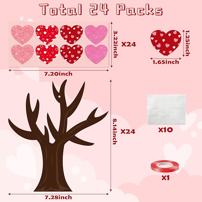 Haooryx Valentine’s Paper Craft Kits - 24-Piece Valentine’s Day Heart Tree Craft Kit DIY Hanging Ornaments with Heart Cards Red Ribbon Glue Points Kids' Classroom Activities Home Decor Exchange Gifts
