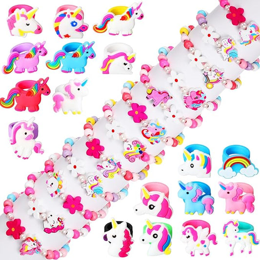 Tondiamo 48 Pcs Unicorn Ring Bracelet Set Include 12 Pcs Wooden Beaded Girls Unicorn Bracelets and 36 Pcs Silicone Unicorn Toy Rings Cute Girls Gifts for Unicorns Party Favors Birthday Goodies Bag