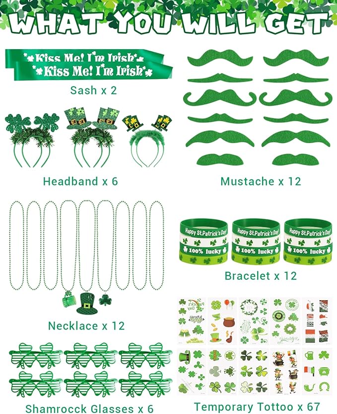 117Pcs St. Patrick's Day Party Favors Supplies Include Necklace, Shamrock Shutter Shades Glasses, Tattoos, Mustache, Bracelets, Kiss Me I'm Irish Sash for Kids St Patrick's Day Party Accessories Decor