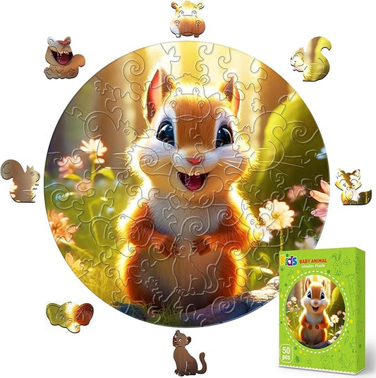 Wooden Jigsaw Puzzles for Kids Ages 4-6, 50 Piece Unique Shape Animal Theme Puzzle - Preschool Learning Educational Toys for Kids 3+, Valentines Day Easter Gifts for Kids Girls Boys (Squirrel)
