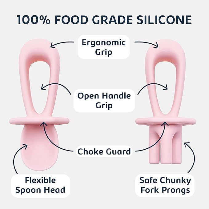 Tiny Twinkle Silicone Training Utensils - Baby Spoons and Baby Forks For Self-Feeding Training - Silicone Baby Led Weaning Utensils For Toddlers And Babies 6-24 Months - Baby Feeding Supplies (Rose)