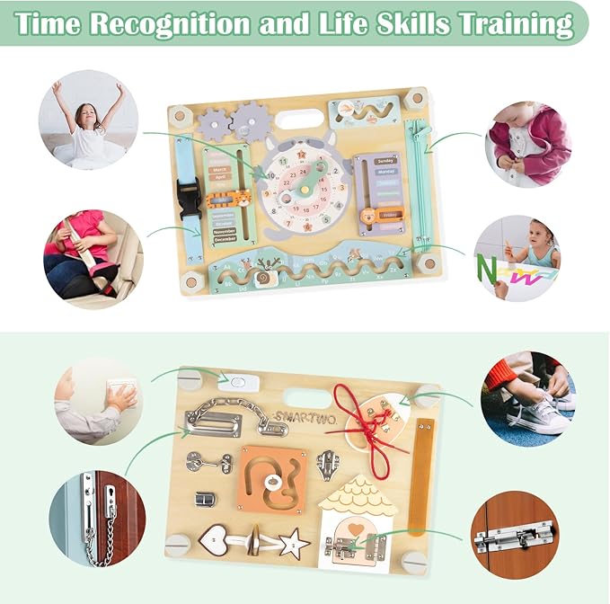 Double-Sided Wooden Busy Board for Toddlers, Sensory Activity Board, Montessori Travel Toy for Kids Age 2-5, Educational Toy for Autism, Ideal Choice for Baby Girls or Boys Birthday
