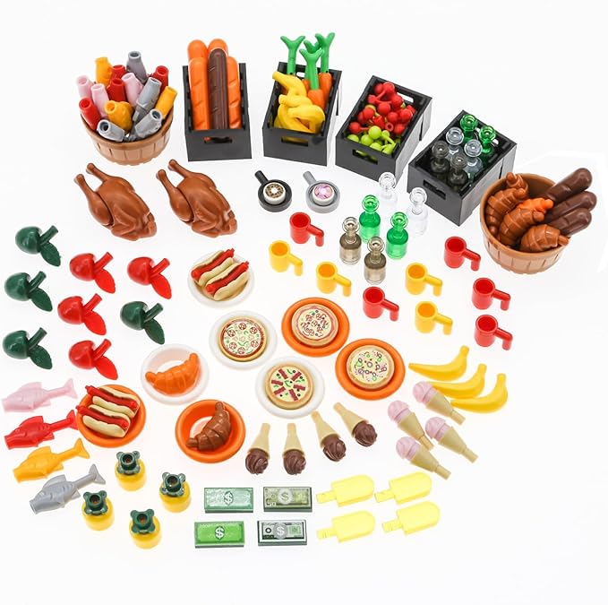188pcs City Food Bricks Set, Picnic Toys Friends Kitchen Fram Restaurant DIY Pieces Parts Ice-Cream-Cupcakes Turkey-Banana-Carrot-Bread Basket Fish