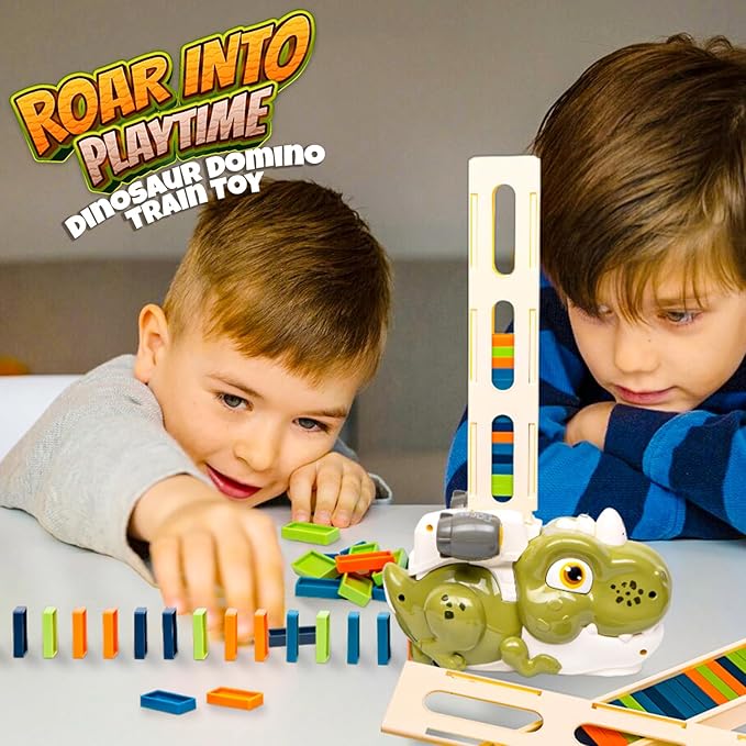 Atlasonix Dino Domino Train - 220 Dinosaur Dominoes Set for Boys & Girls - Birthday Gift Ages 3-10 - Montessori Jurassic T-Rex Toy with Automatic Rally Setter - Block Laying Machine