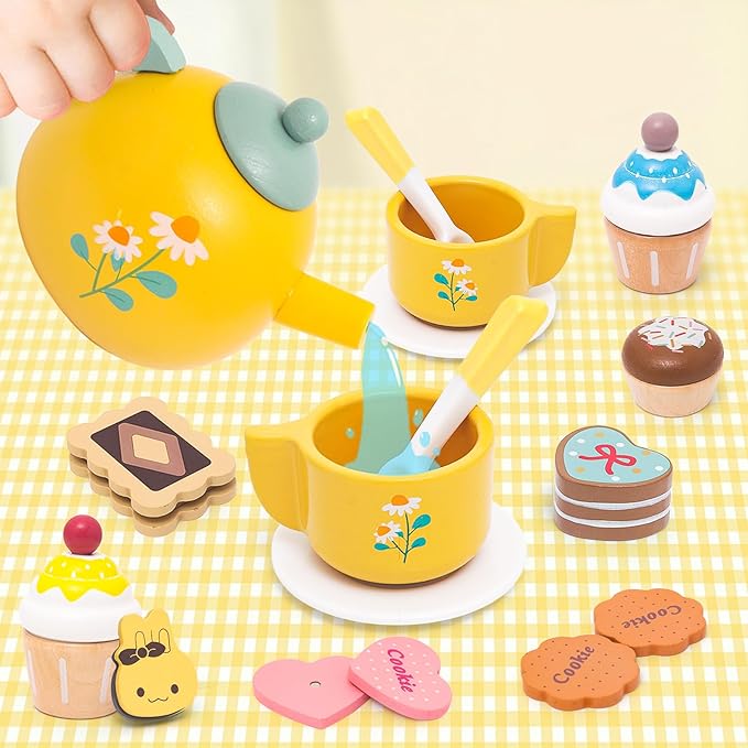 Wooden Tea Party Set for Little Girls Toddler Tea Set Toys with Cupcake Stand & Play Food Kitchen Accessories, Wooden Pretend Play Toys for Toddlers Christmas Birthday Gift for 3 4 5 6 Years Old Girl