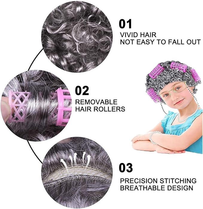 11Pcs 100 Days of School Old Lady Costume for Kids, elderly outfit for Girls, Wig Cane Cosplay Accessories Blue, S