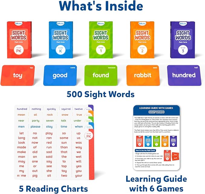 Skillmatics Flash Cards - 500 Sight Words for Preschool (Pre-K), Kindergarten, 1st, 2nd, 3rd Grade Gifts, Includes The Dolch & Fry Word List & 6 Unique Games