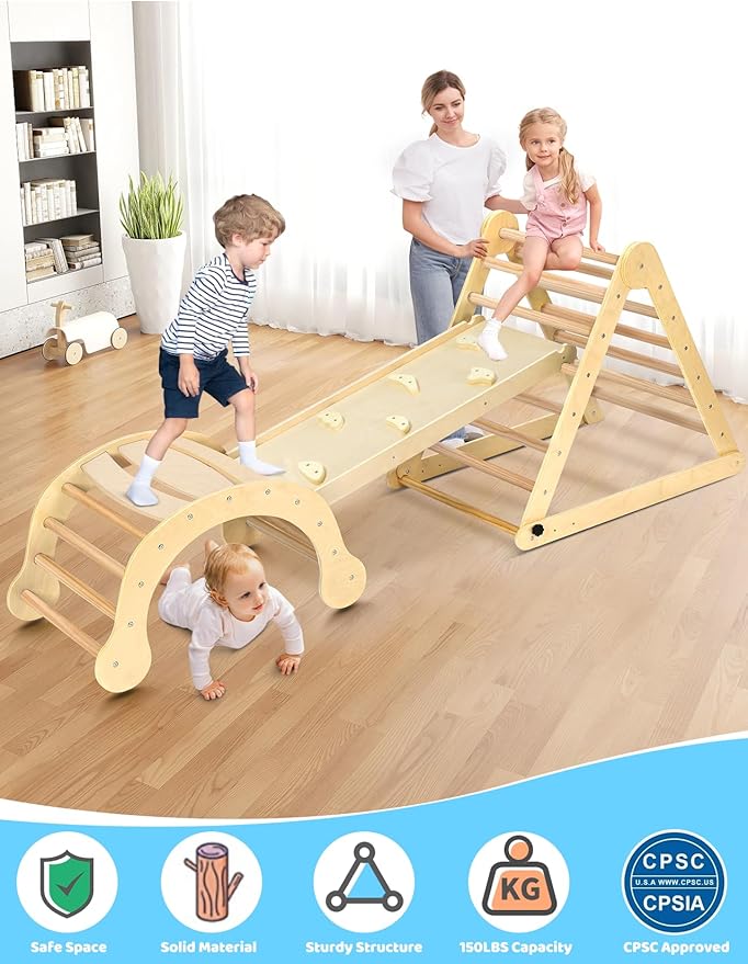 YOLEO Large Pikler Triangle Set, Wooden Toddler Climbing Toys Indoor with Safer Sturdy Base, Montessori Pikler Triangle Climbing Set for Kids' Indoor Climber & Playground & Jungle Gym (Natural)
