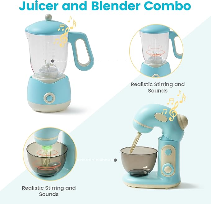 ROBOTIME Pretend Play Kitchen Appliances Toy Set, Toy Blender and Toy Mixer with Realistic Light and Sounds, Play Kitchen Accessories Set for Kids Ages 3+, Pretend Kitchen Toys for Boys and Girls