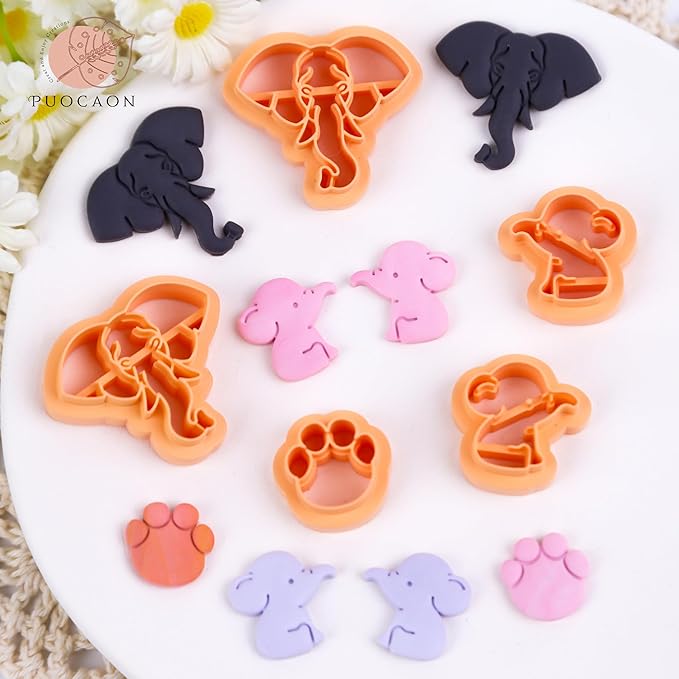 Puocaon Elephant Polymer Clay Cutters 5 Pcs, Mirrored Shape Baby Elephant Clay Cutters for Earrings, Paw Clay Earring Cutters