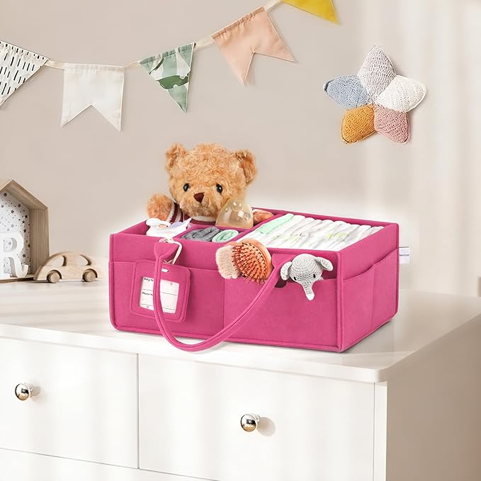 GEMII Diaper Caddy Organizer-Large Baby Caddy Organizer with Handle,Newborn Registry Essentials,Baby Shower Gift Basket for Boy or Girl (Pink, Large)