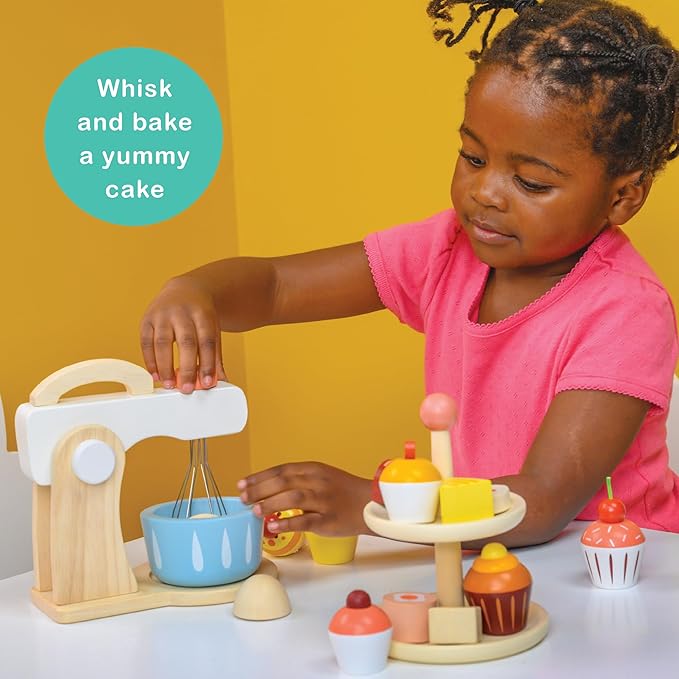 Mentari Toys - Cake Mixer - 7pc Wooden Baking Play Set - Pretend Play Kitchen Accessory with Bowl, Rotating Whisk, Egg and Measuring Spoons - Encourages Role Play and Fine Motor Skills - Age 3+