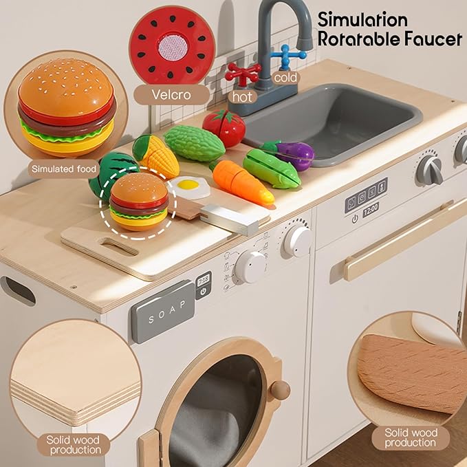 Kids Play Kitchen - Wooden Multi-Function Washing Machine for Kids Kitchen Playset - Pretend Toddlers' Kitchen Toy Washer with Accessories - Perfect Baby Gift for Ages 3-8