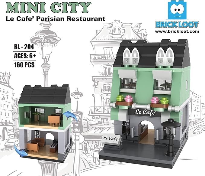 Brick Loot Exclusive Mini City Le Cafe Parisian Restaurant Boutique Modular - Custom Designed Model - Compatible with Lego and Other Major Brick Brands