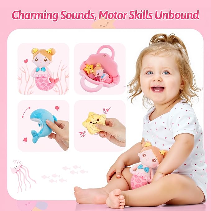 OUOZZZ Soft Baby Doll for Girls Mermaid Toys - 2 Years Old Sensory Toy - Little Dolls Birthday Gifts Age 1-3 Toddler Plush Stuffed Animal with Squeaker, Crinkle and Bell Ringing Toy Set