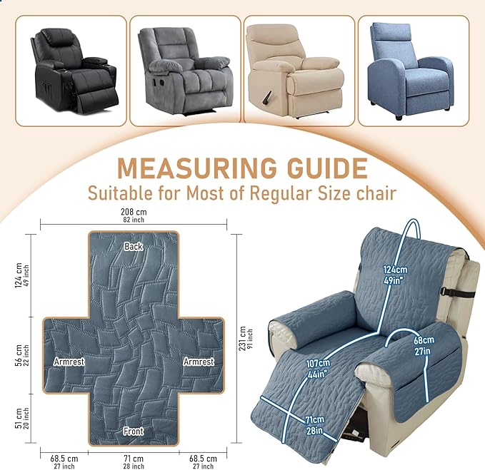 100% Waterproof Recliner Chair Covers for Reclining Chair, Small Recliner Covers That Stay in Place, Non-Slip Recliner Armchair Cover with Pockets for Kids, Pets, Dogs, Cat, Washable,Gray blue