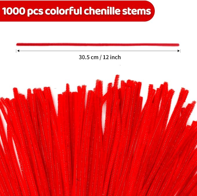 Eppingwin 1000pcs Pipe Cleaners, Red Pipe Cleaners Craft Supplies,Chenille Stems for DIY Arts Crafts Project(Red)